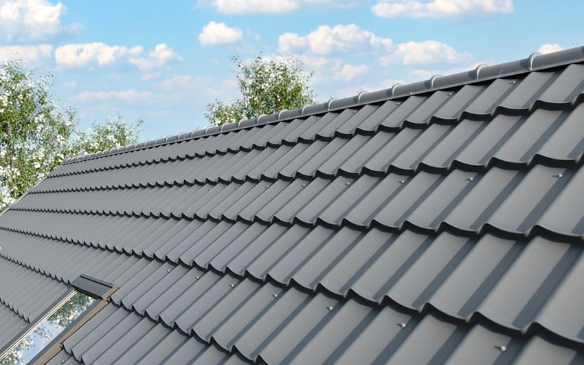 A close-up view of a roof with dark gray metal tiles, featuring a skylight window on the left. The sky is partly cloudy, and trees are visible in the background.